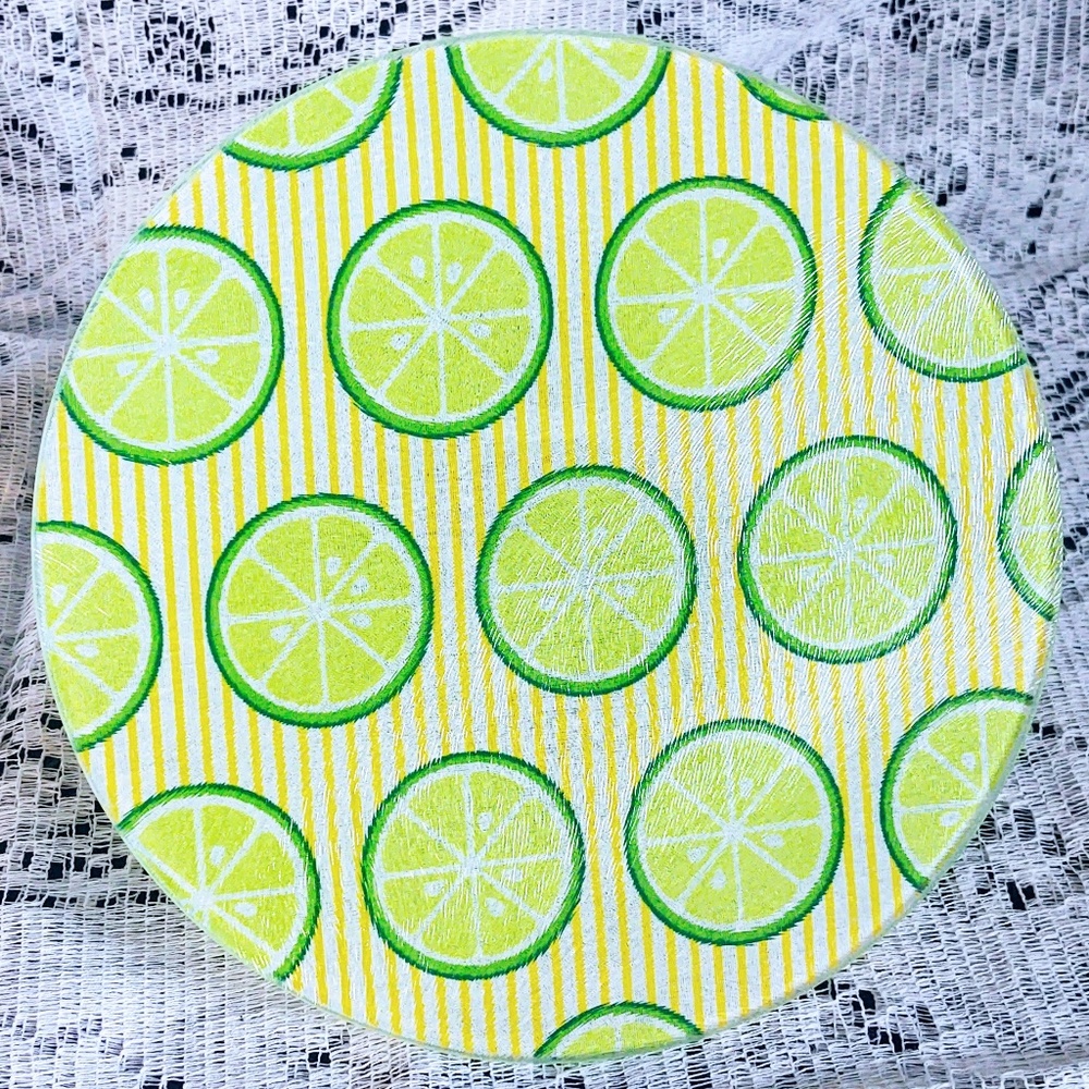 Hand Crafted Fabric Decoupage Glass Trivet/Cutting Board 8" Round/Lime Decor